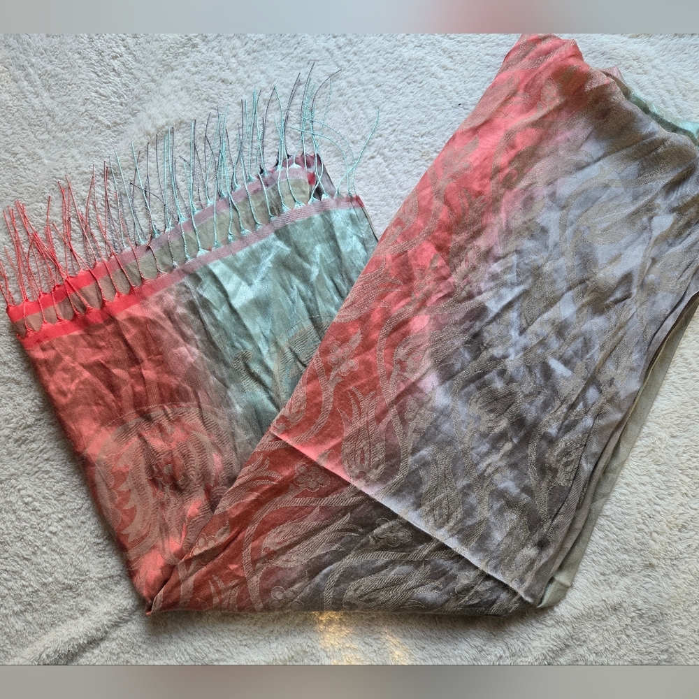 Large Ottoman Queen Silk Multicolor Gradient Scarf with Fringe- Made In Turkey
